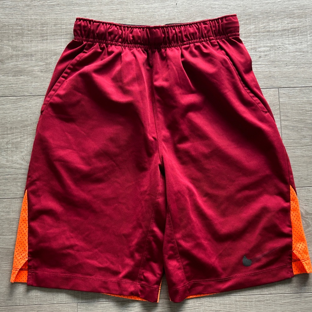Nike Dri-FIT Big Boys Athletic Shorts Maroon & Orange Mesh Trim XL (fits men XS)